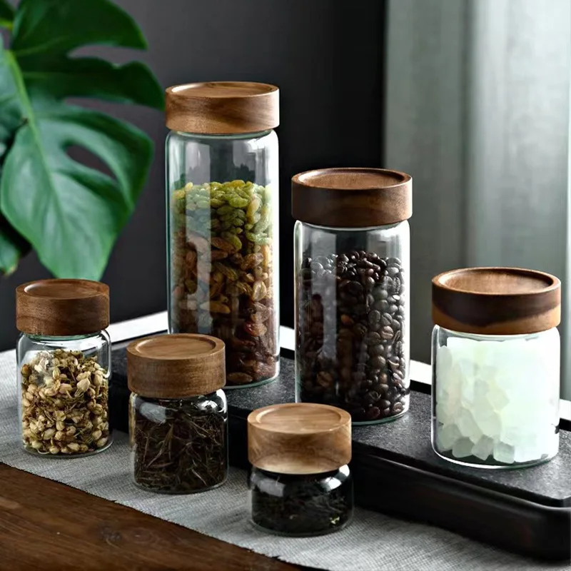 Wholesale Small Airtight Glass Jar with Spiral Lid Kitchen Sealed Food Storage Mason Jar with Acacia Wood Lid