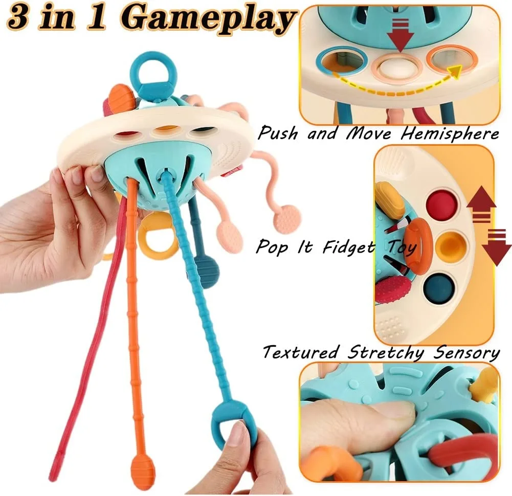 Baby Funny Puller Sensory Pull String Toy Push Pop Silicone Rope Kids