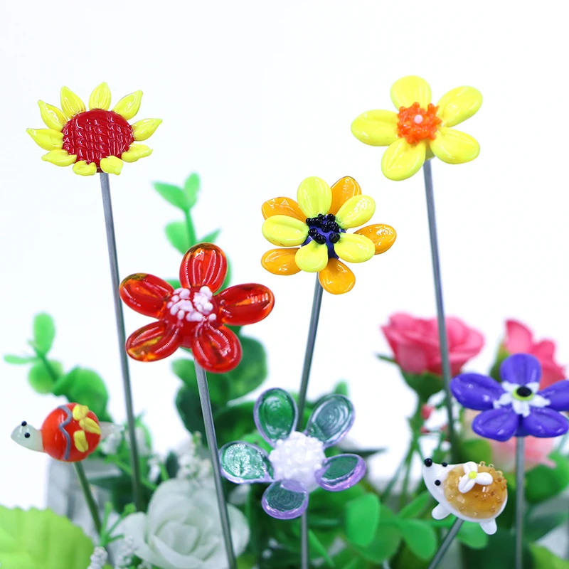 Garden Decorative Lampwork Handmade Glass Flower Animal Figurine With Metal Stake