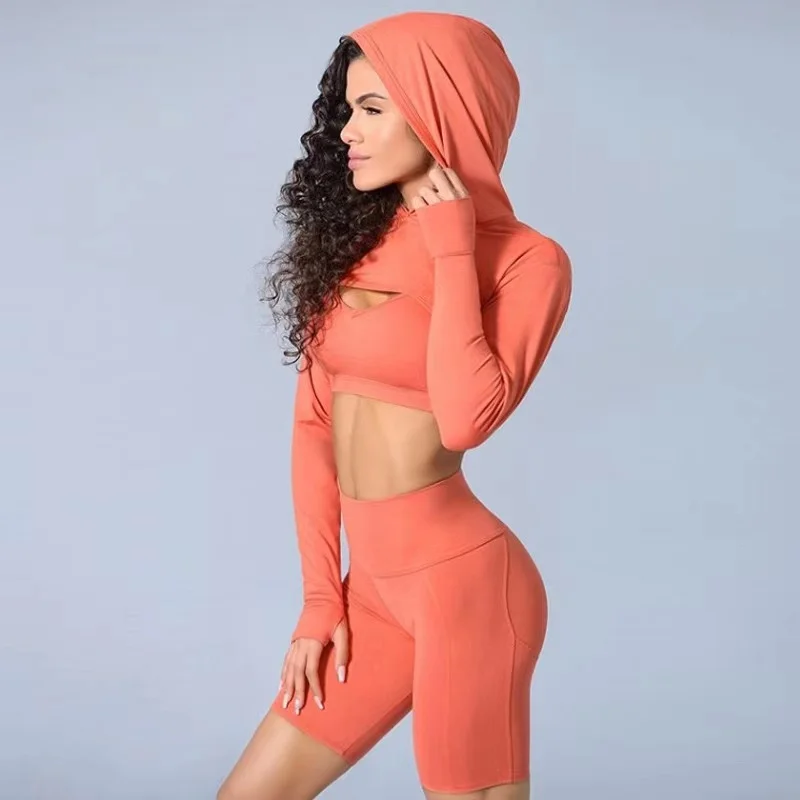 Long Sleeve Top Six Colors  Sports Solid  Clothes Bra And Shorts Women Gym Yoga Wear  Set & Workout Sets