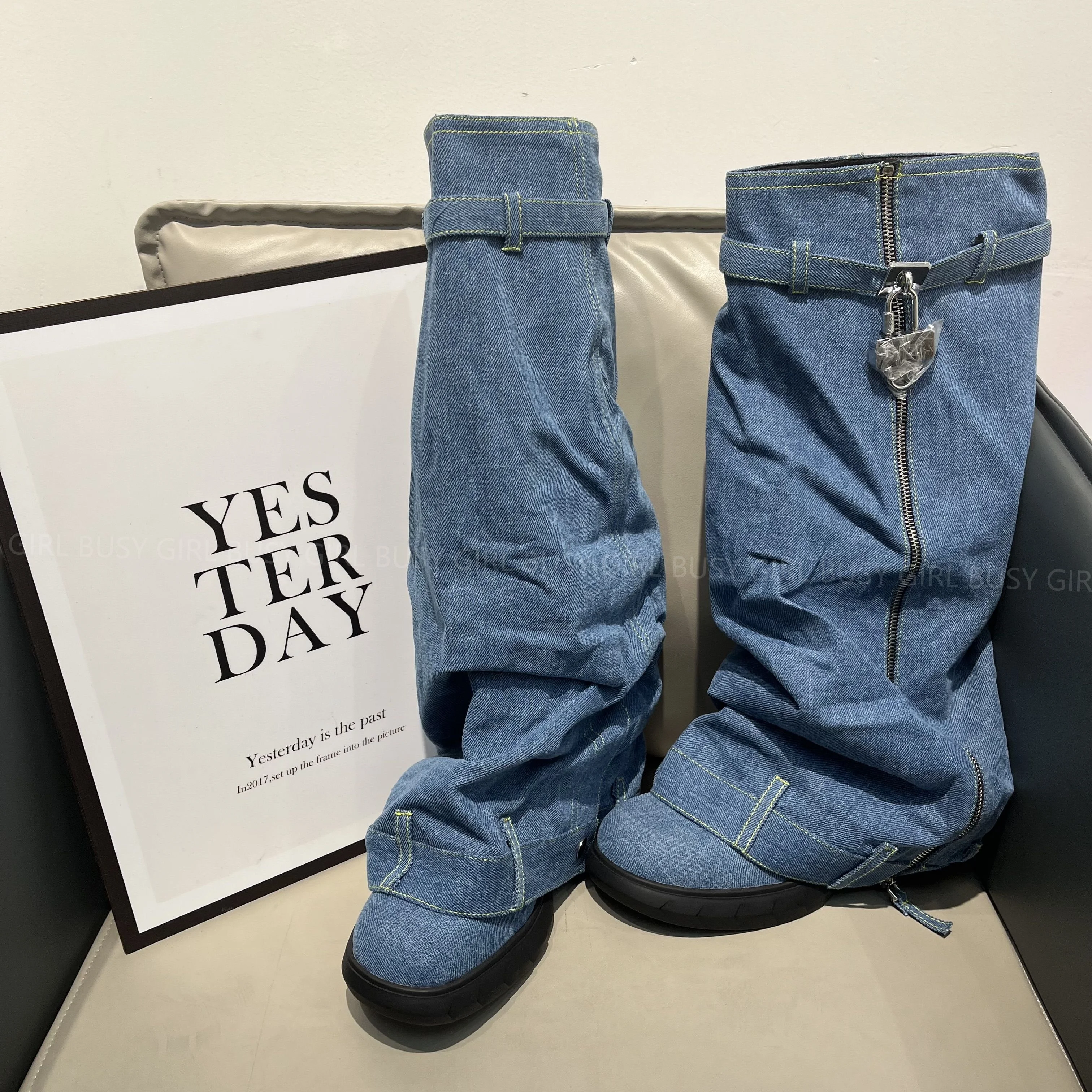 BUSY GIRL CA4404 Shark Boots Women Blue Jeans Wedge Heels Fold Over Female  Causal Shark Lock Shoes Denim Knee High Boots