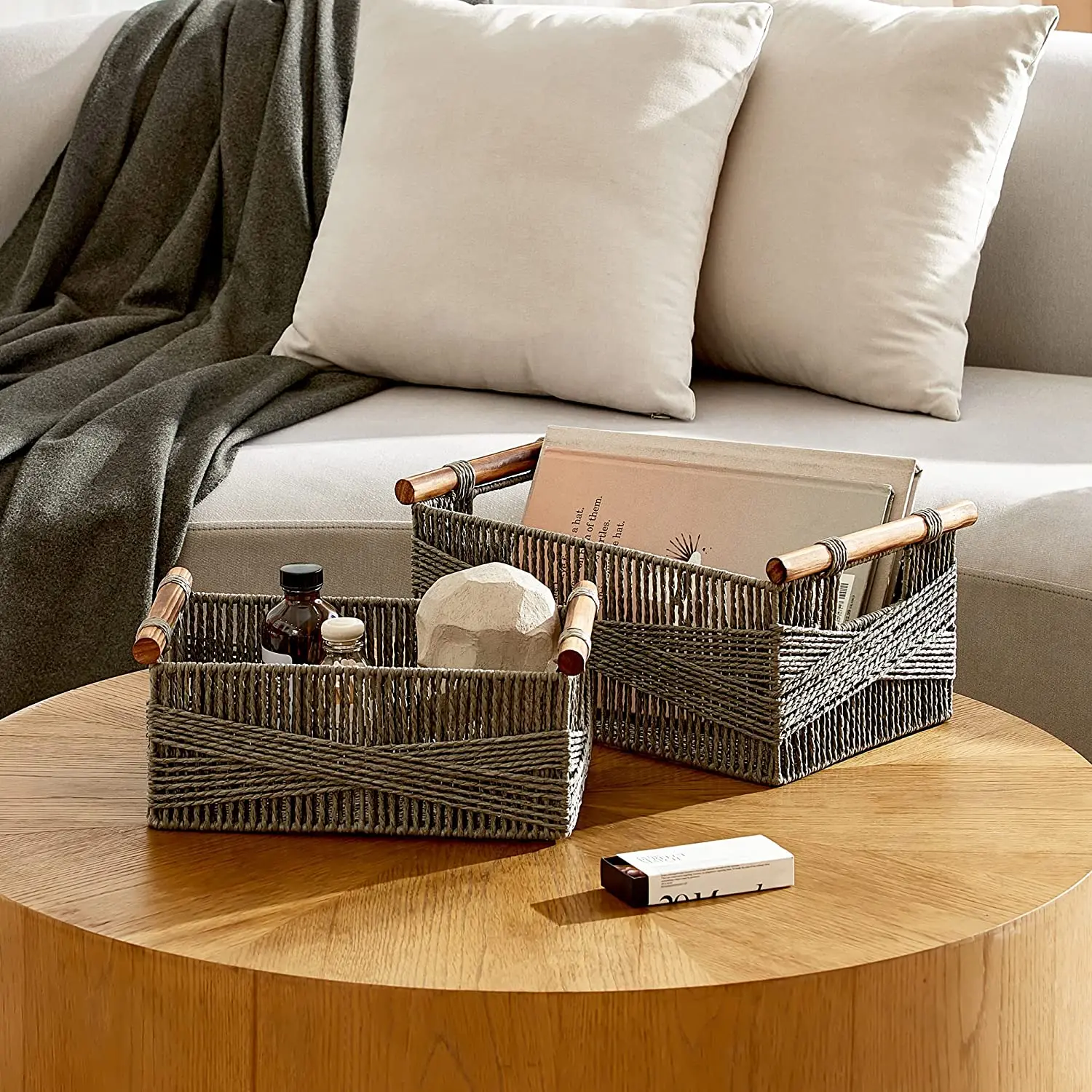 Wicker Storage Baskets for Organizing, Recyclable Paper Rope Basket with Wood Handles, Decorative Hand Woven Basket Organizers