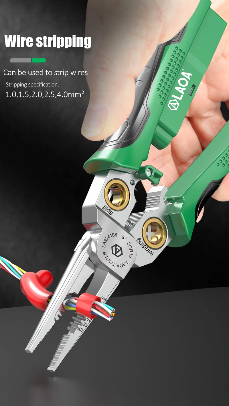 Laoa 8-In-1 Stainless Steel Multifunctional Electrician Wire Stripping and Winding Pliers with Measuring Pen LA324108