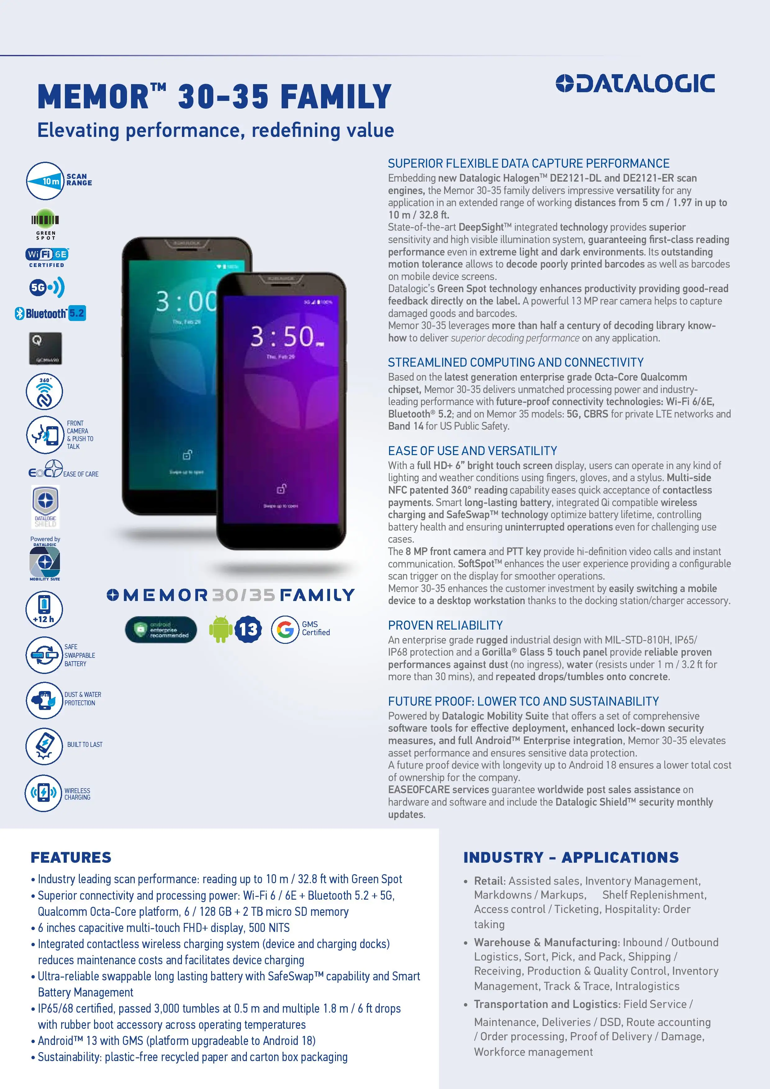 Datalogic Memor30-35 Android Mobile Computer with 6" FHD+ Touch Display GMS Wi-Fi 6/6E 5G ESIM GPS BT 5.2 USB-C 3.2-in Stock!