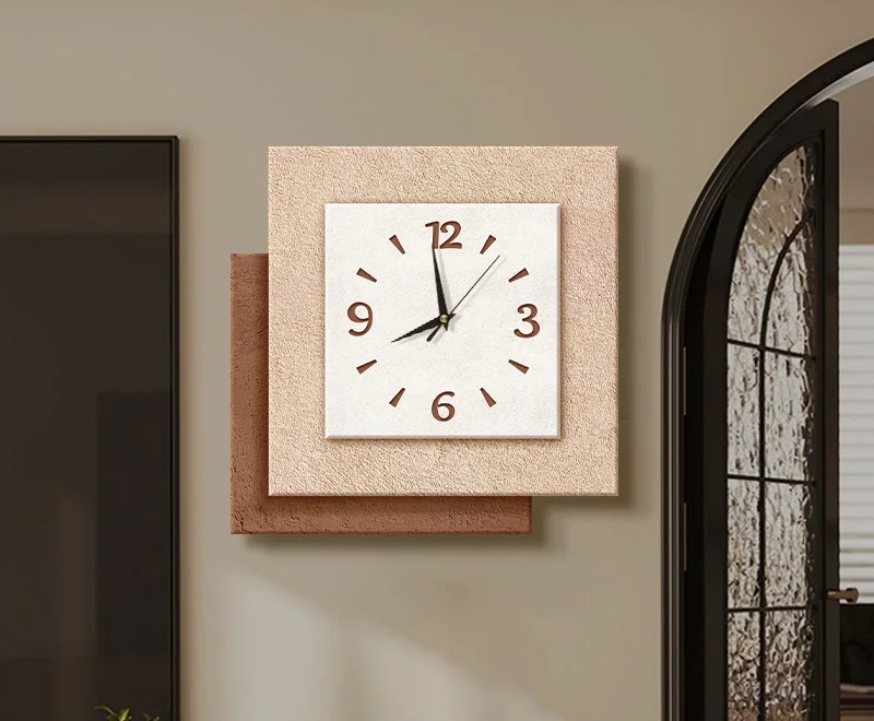 Green Textured Wall Clock Square Layered Design Silent Non Ticking Minimalist Wabi Sabi Modern Neutral Home Decor Living Room
