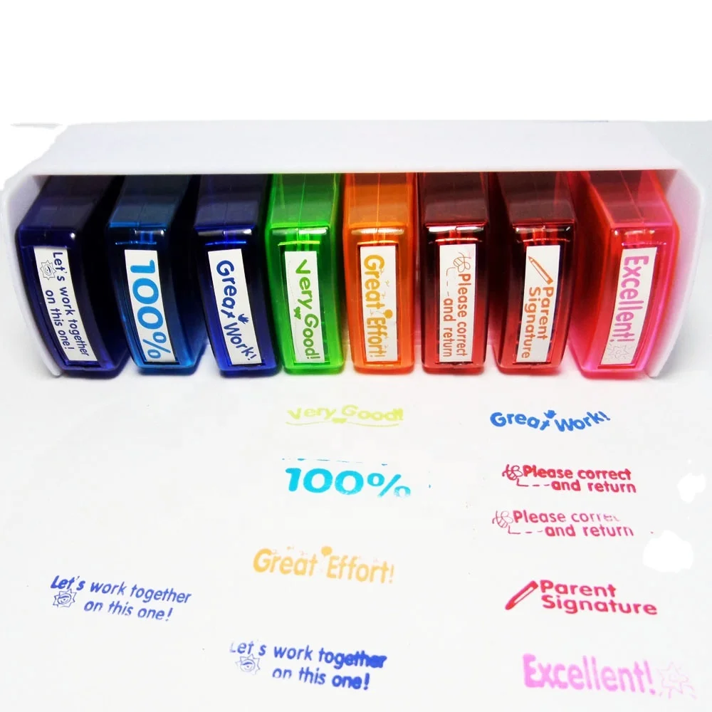 8 in 1 plastic colorful funny rubber sefl inking stamps plastic for teacher custom logo stamp set maker