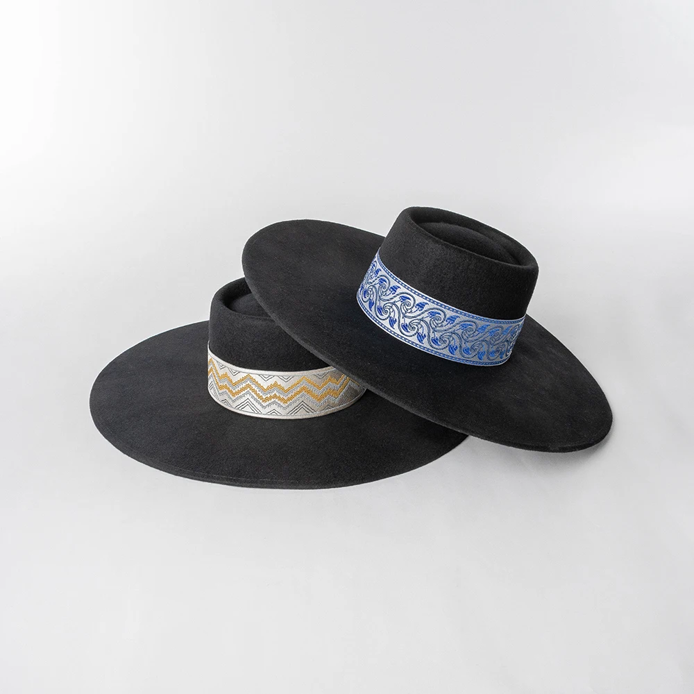 100% Wool Felt Pork Pie Hat Extra Wide Brim Felt Hat With Embroidery Ribbon Band OEM Customization Available