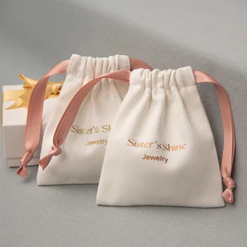 Ring Bracelet Jewelry Bag Drawstring Pouch Custom Logo Printed Wedding Recyclable Small Twill Cotton Screen Printing Free