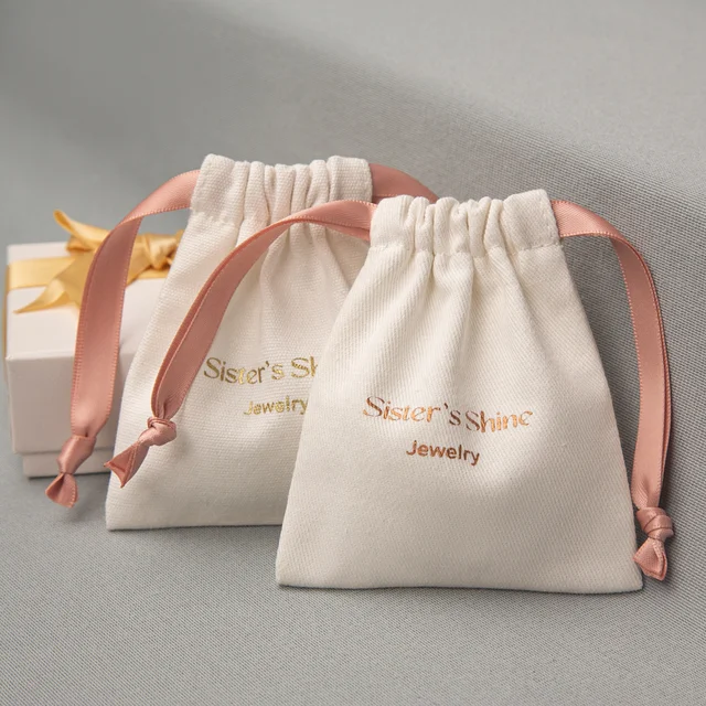 Ring Bracelet Jewelry Bag Drawstring Pouch Custom Logo Printed Wedding Recyclable Small Twill Cotton Screen Printing Free