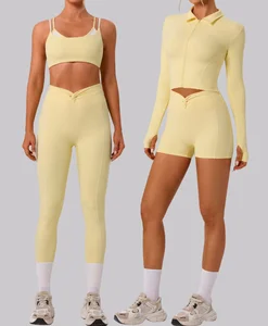 New Women's Yoga Set Slim Fit Sports Wear Workout Outfit Halter Yoga Bra Long Sleeve Zip Jacket Scrunch Shorts Gym Legging Sets