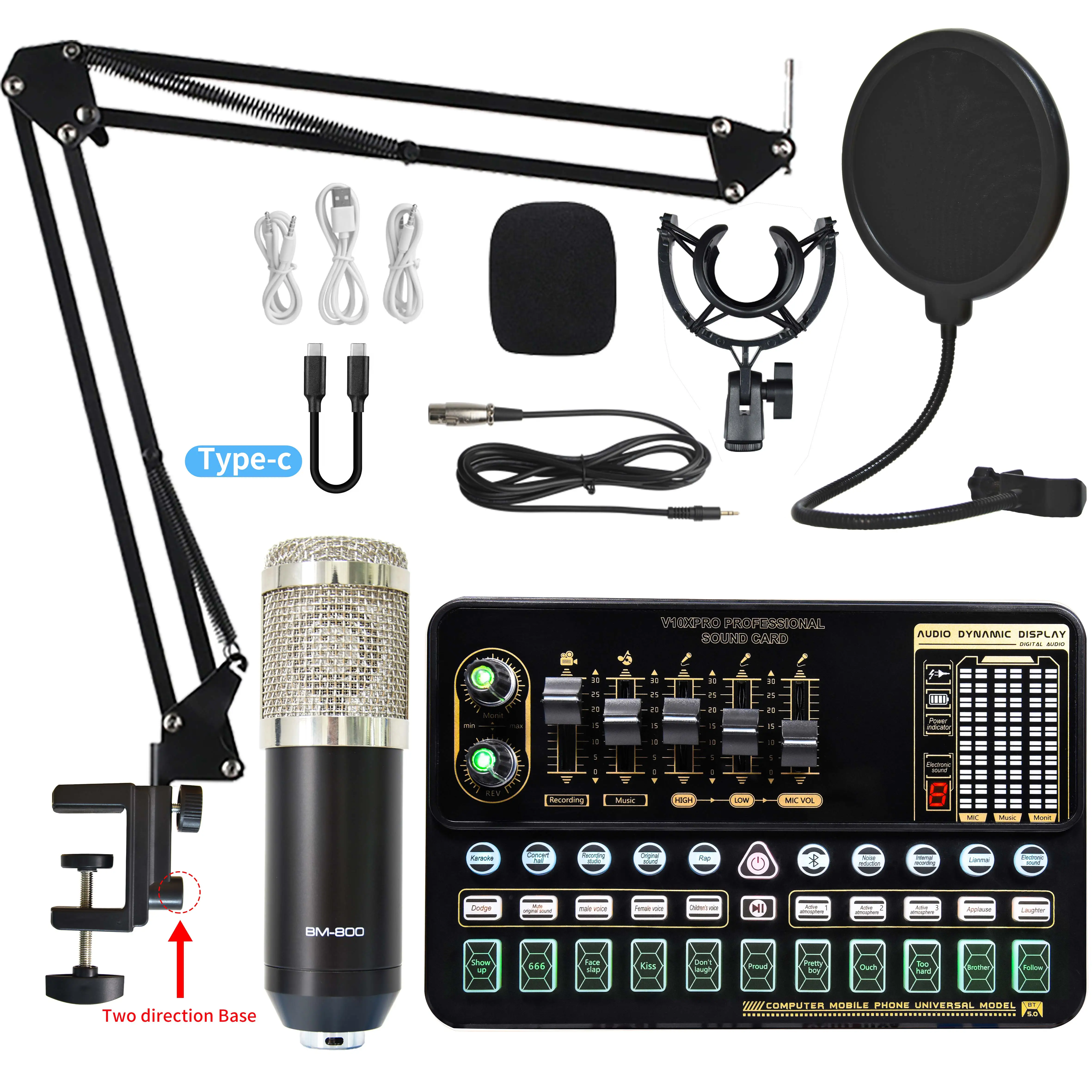 Professional Audio V10XPRO Set BM800 Smart Studio Condenser Microphone New Upgrade Portable LED for Live Noise Cancelling