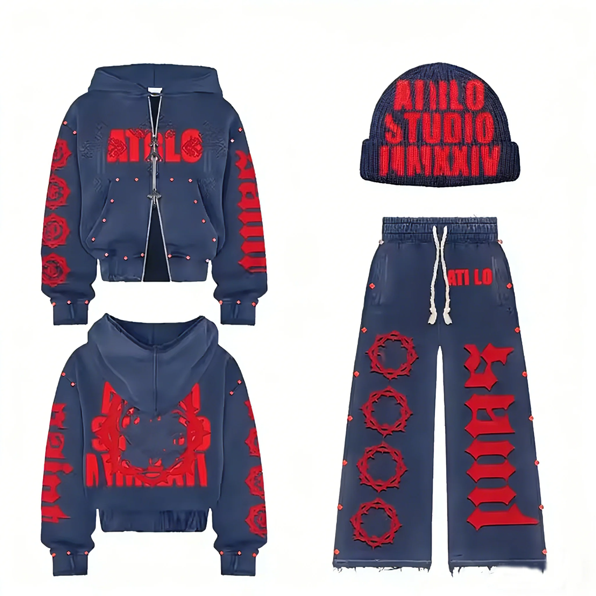 SALATI Custom Rhinestone Hoodie Men Oversized Cropped Acid Wash Zip up Distressed Vintage Sweatpants and Hoodie Set gallery 5
