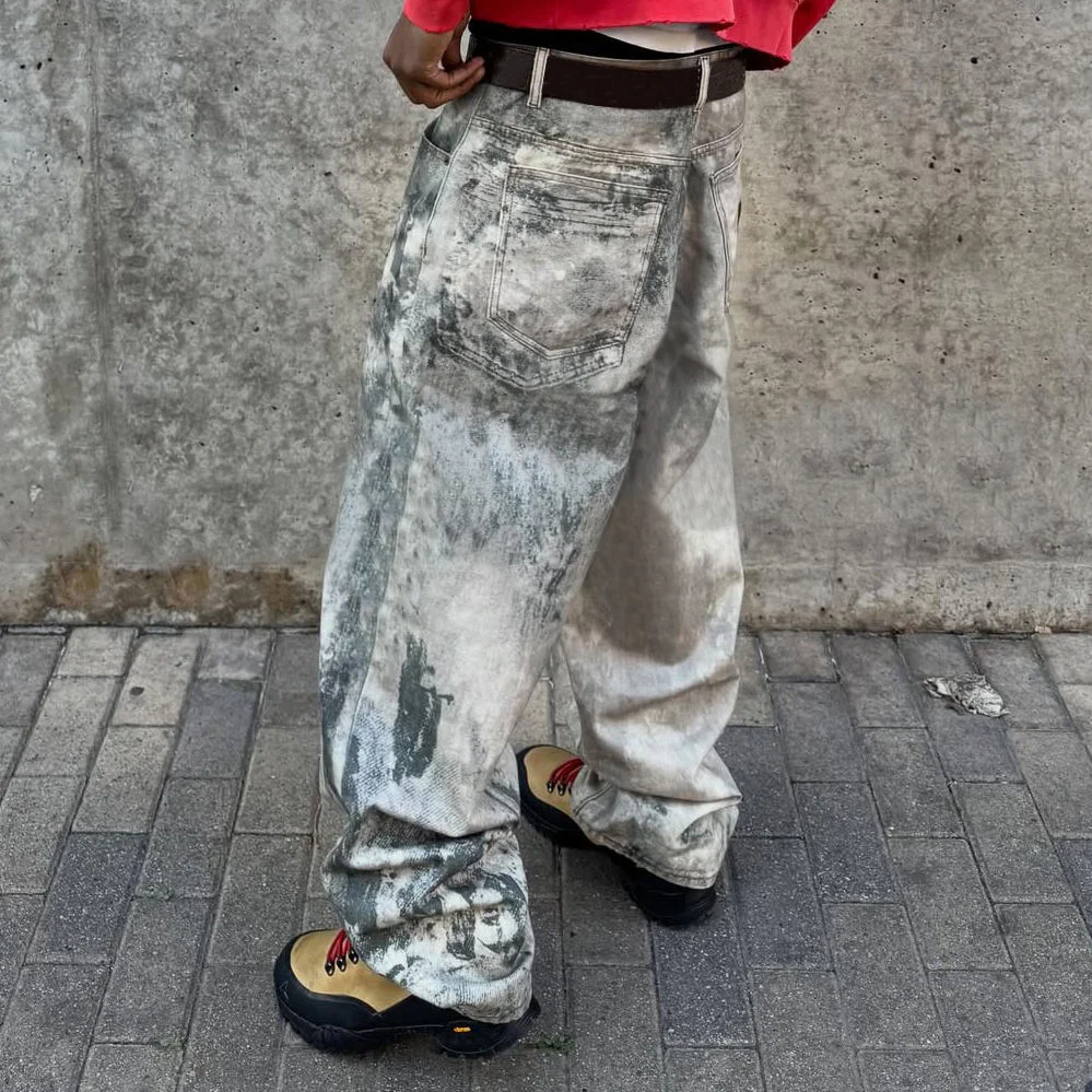 SALATI Custom Low-waistline Oversized Straight Fit Streetwear Vintage Dirty Acid Wash Stacked Denim Pants Men's Jeans Trousers gallery 3