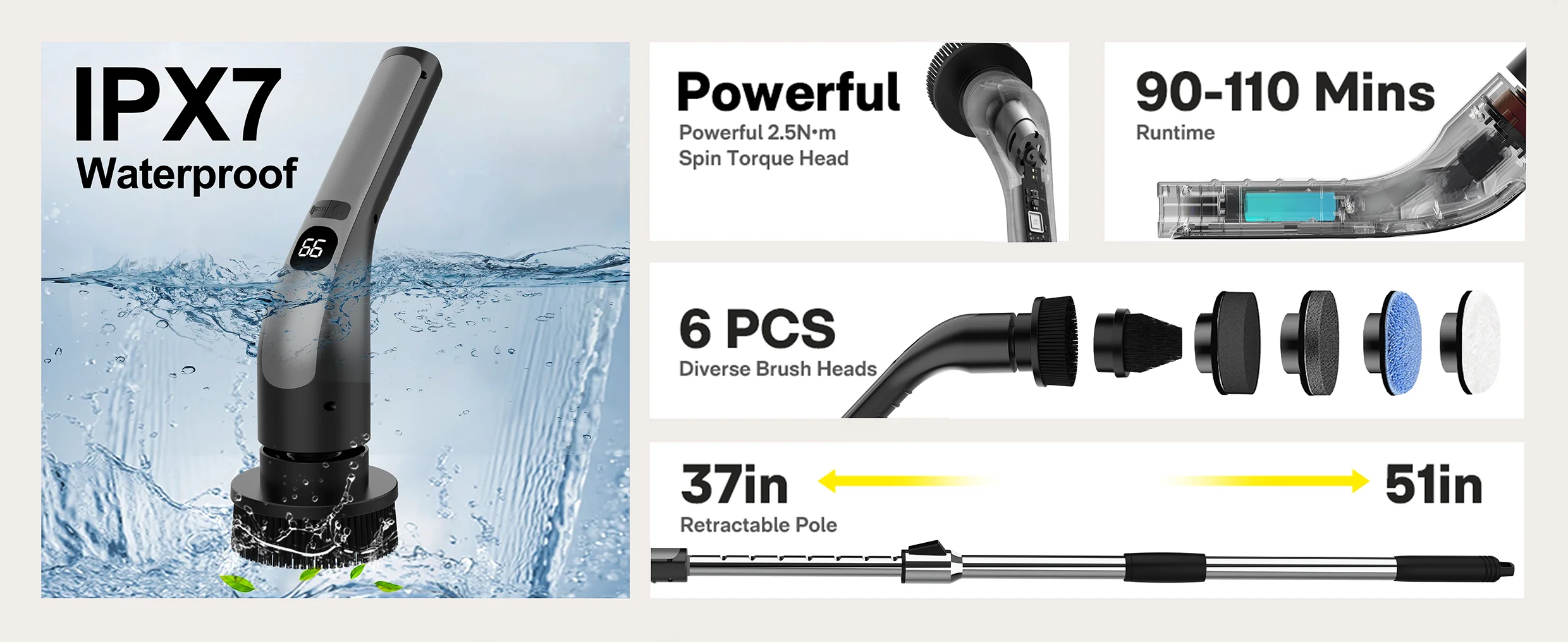 Home Kitchen Floor Cleaning Brush Long Handle Extendable Wireless Electric Rotating Model with Plastic Material