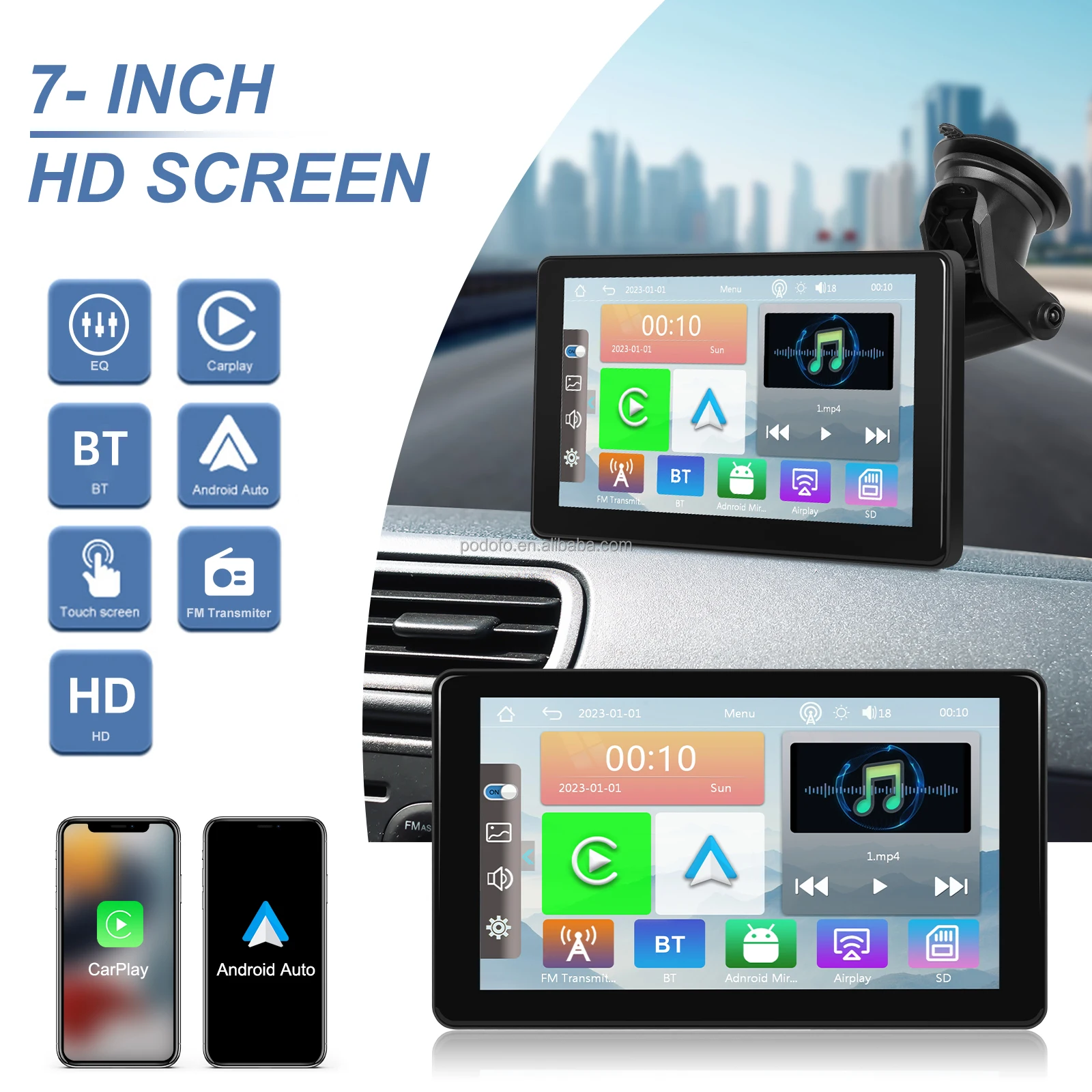 Podofo Portable Wireless Carplay - 7 Inch HD Screen