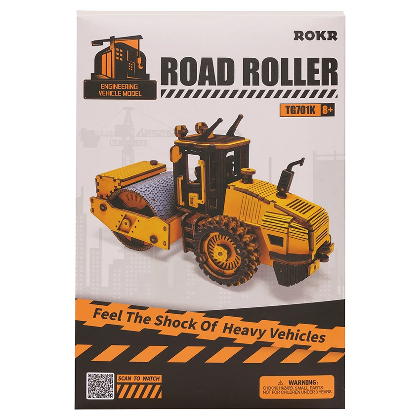 Robotime Rokr US Warehouse DIY Series TG701K Road Roller Engineering Vehicle Model Kits Wooden Educational Toys 3D Wood Puzzles