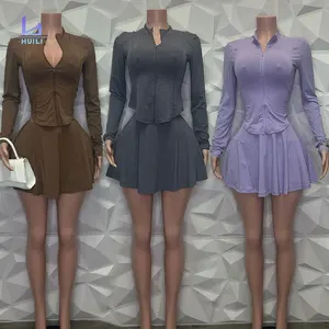 Huilong Custom Logo Zip up Top Skirt Workout Sets for Women OEM Two-Piece Zipper Stretch Solid Color Activewear Short Tops