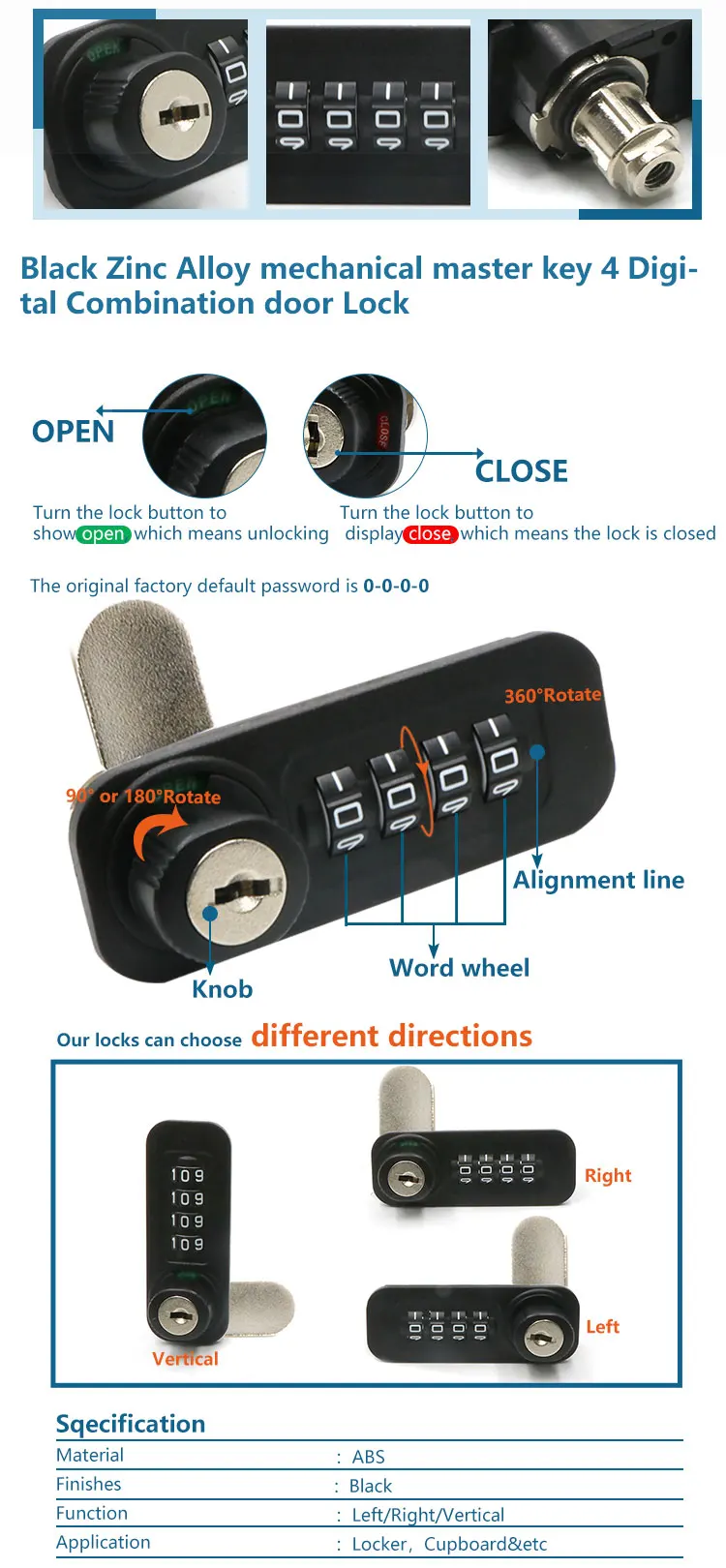 Rotary Black Abs Cam Lock Master Key 4 Digital Combination