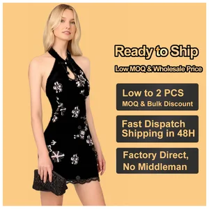 Custom Wholesale Women's Sparkly Party Dresses Sequin Mini Velvet Gown Elegant Sleeveless Bodycon with Lace Clubwear Ready Stock