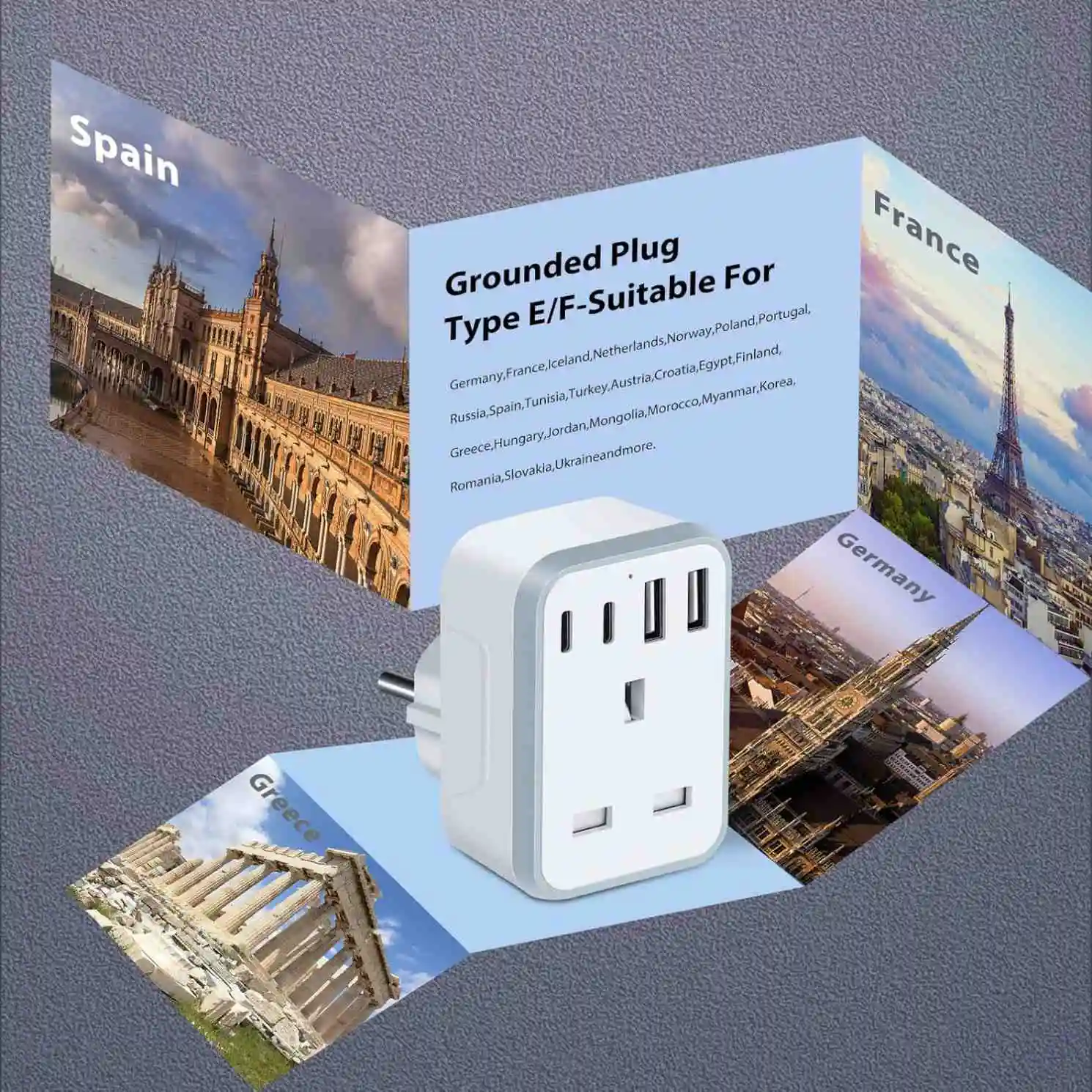 UK to European Plug Adapter with 2 USB  2 Type C Fast Charge EU to UK Adapter for Germany Spanish France (Type E/F)