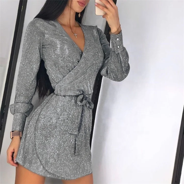 Casual Sequin Dress Party With Belt Sexy V-neck Long Sleeve 