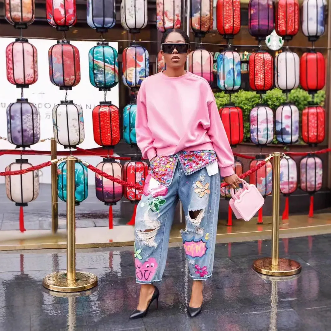 Women's Streetwear Spring Hotfix Rhinestone Embellished Printed Ripped Denim Jeans