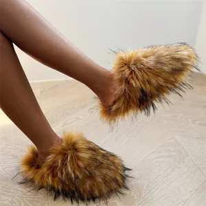 Women Winter Raccoon Real Fur Fluffy for Warm Plush Slides Girls Luxury Furry Faux Fur Home Cotton Shoes Indoor Shoes 2026