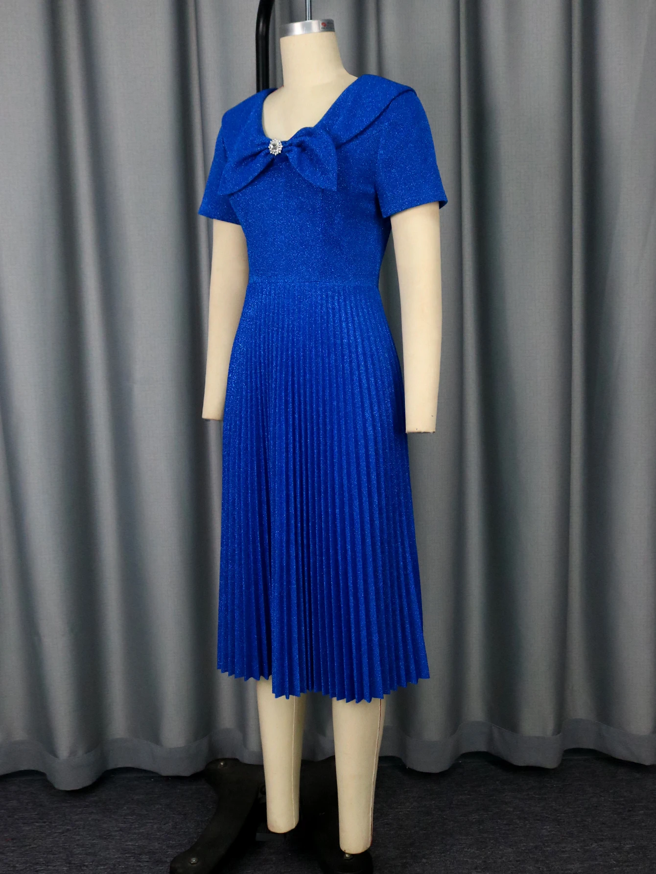 AM050324 Short Sleeve Bow Tie Beading Square Collar Pleated a Line Women  House Wear Trendy Royal Blue Midi Summer Casual Dress