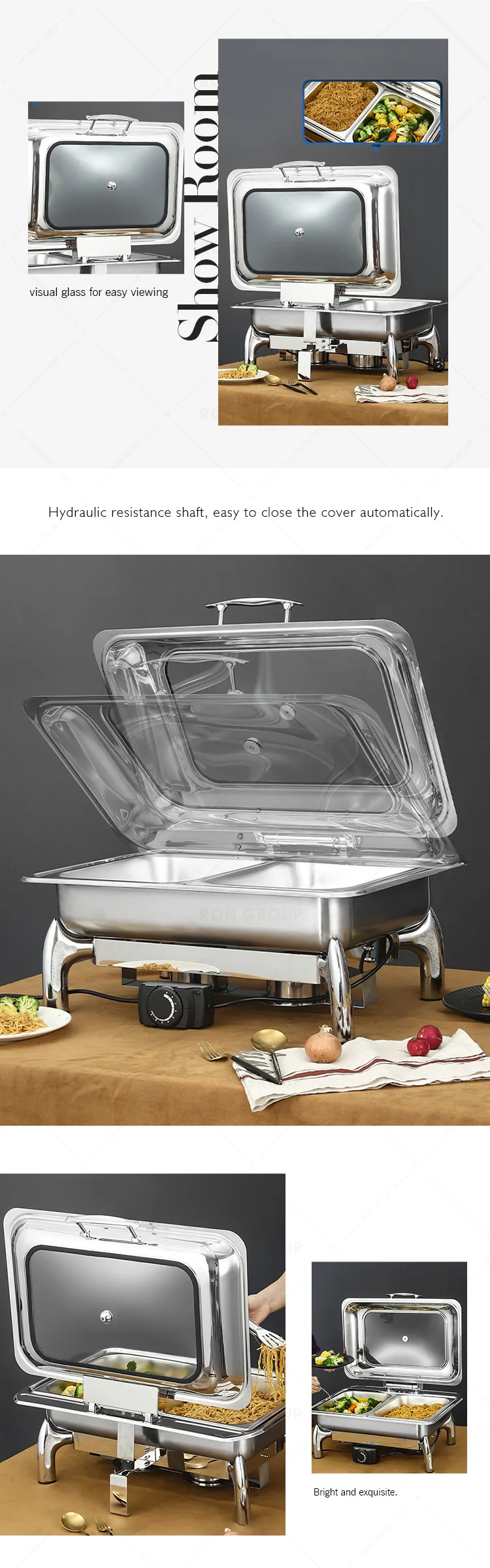 Hotel Restaurant Server Stainless Steel Square Rose Gold Luxury Food Warmer Hydraulic Chafing Dish Buffet Set