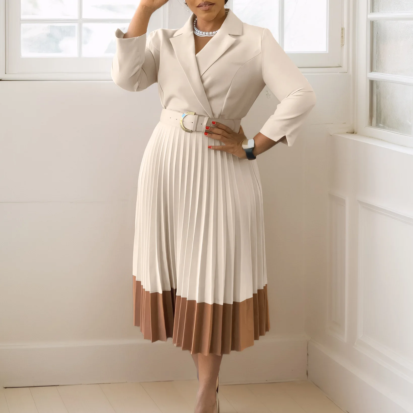 S-3XL Autumn Elegant Patchwork Waist Pleated Dress New Lady Turn-down  Collar Belt Commuting Dress Long Sleeve Slim Party Dress