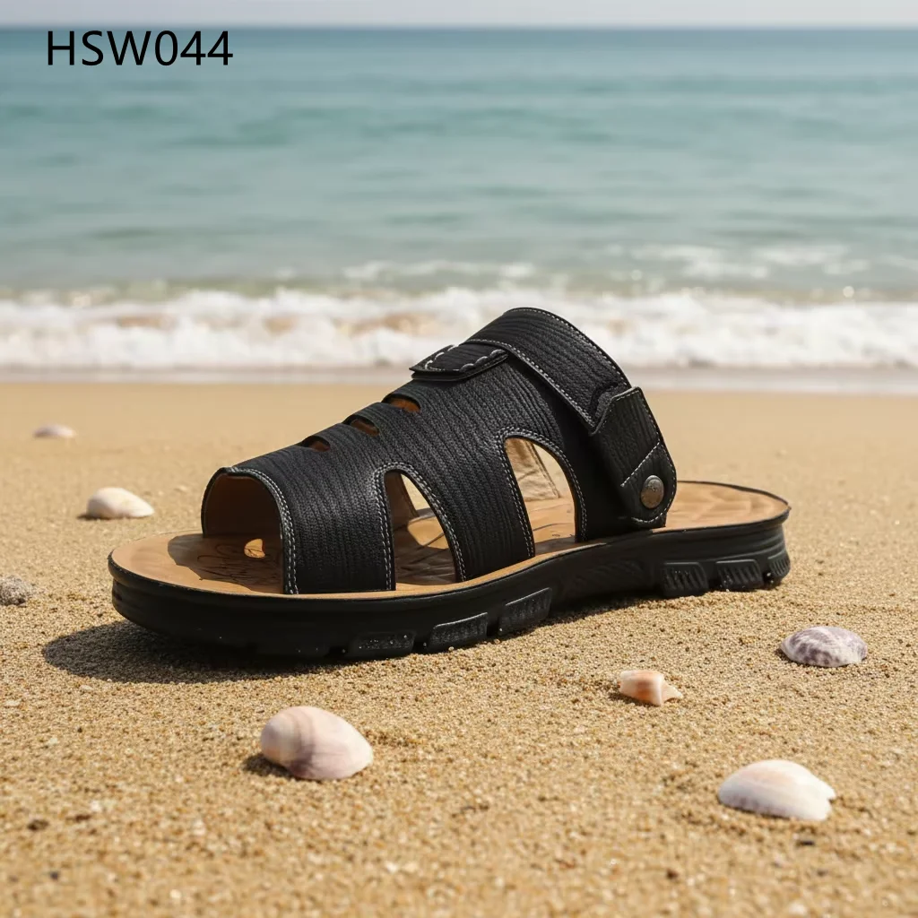 HY,Africa Popular Open Toe Hollow Design Factory Price Beach Shoes Oversize Black Seaside slippers with Adjustable Belt HSW044
