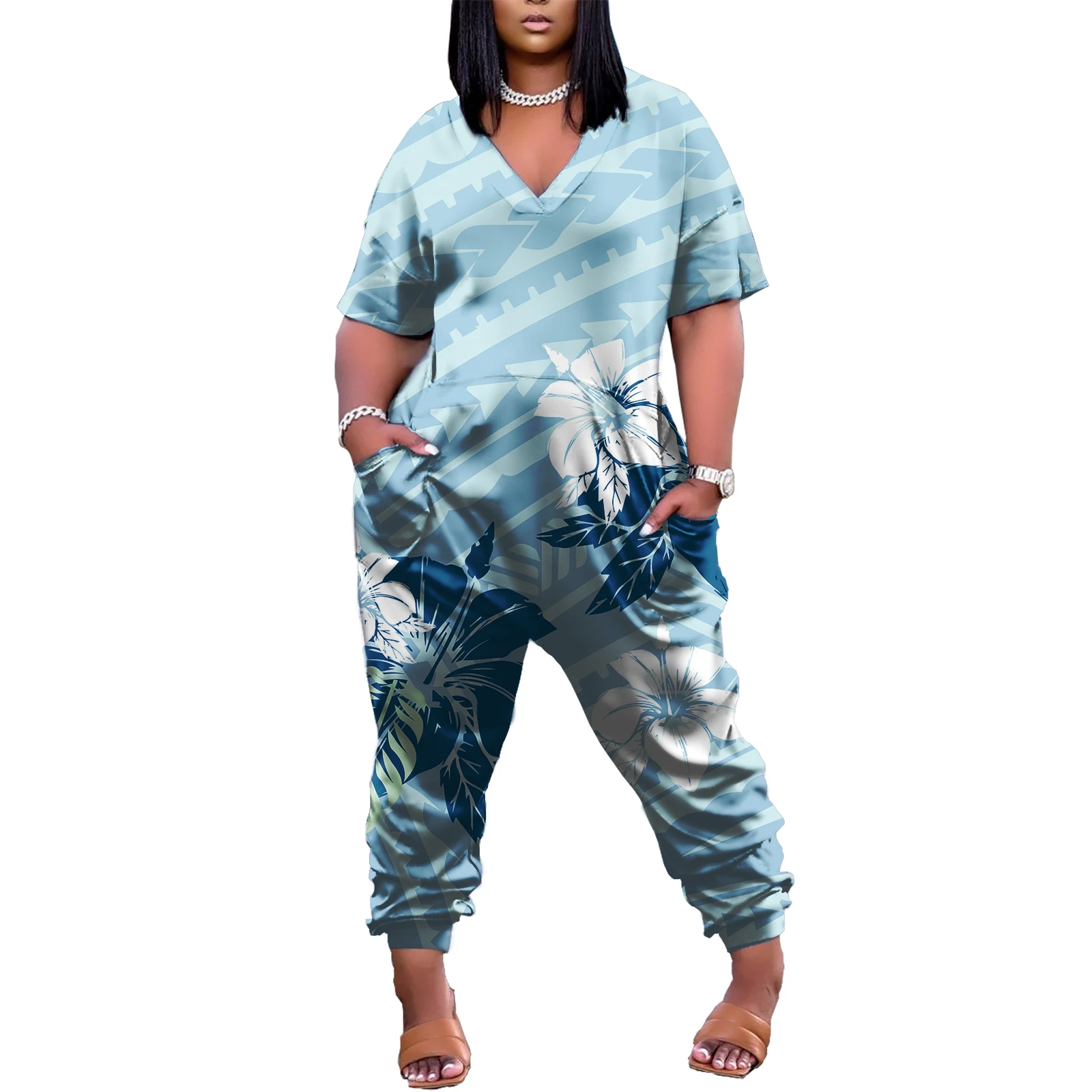 Women Jumpsuit 2023 Polynesian Tribal Tropical Custom Short Sleeve