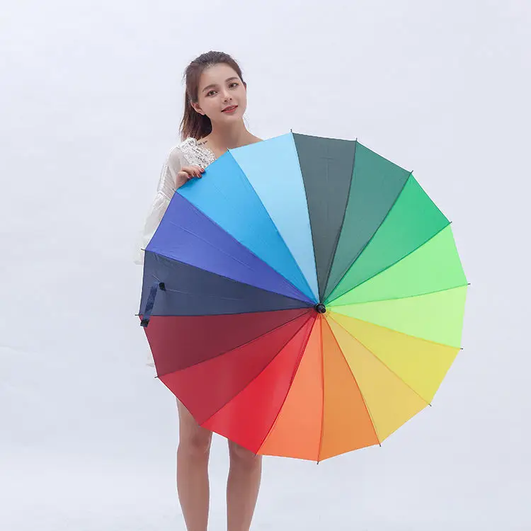 TX884 Customized Logo 16K Automatic Open Iridescence Umbrella Golf Windproof Parasol Long Straight Handle Rainbow Umbrella