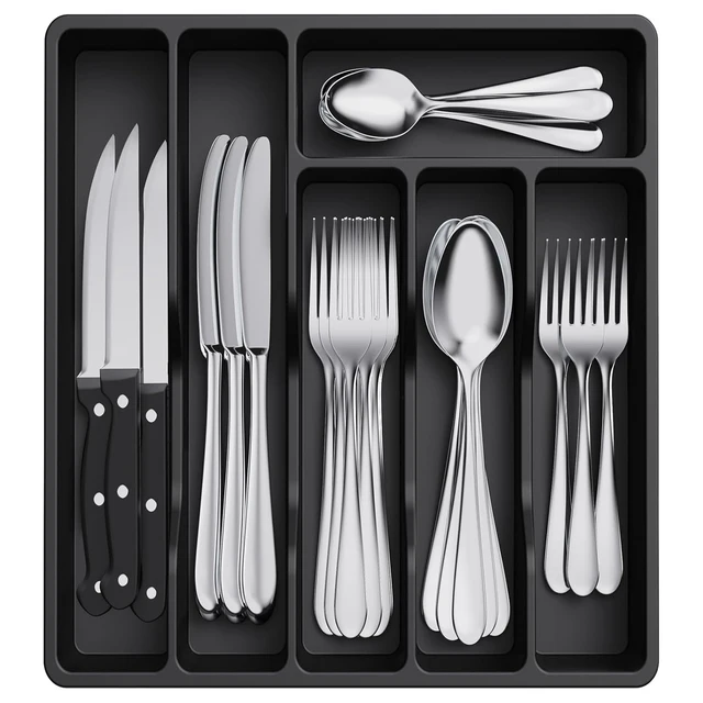 6 Compartment Black Plastic Cutlery Silverware Drawer Storage  Organizer Tray for for Spoons Forks Knives Tableware