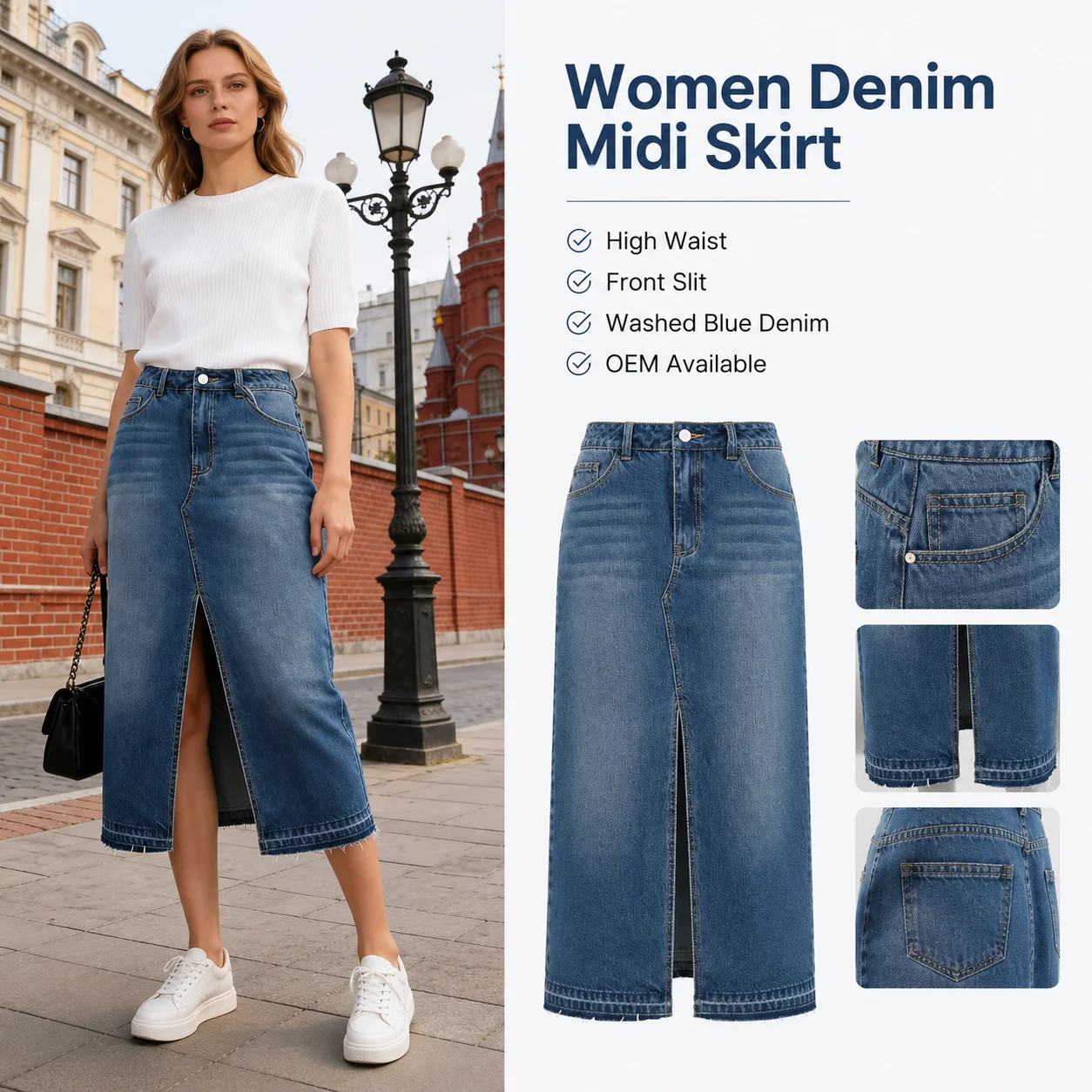 Washed Denim Midi Skirt with Front Slit High Waist Frayed Hem Casual Bodycon Skirt for Women