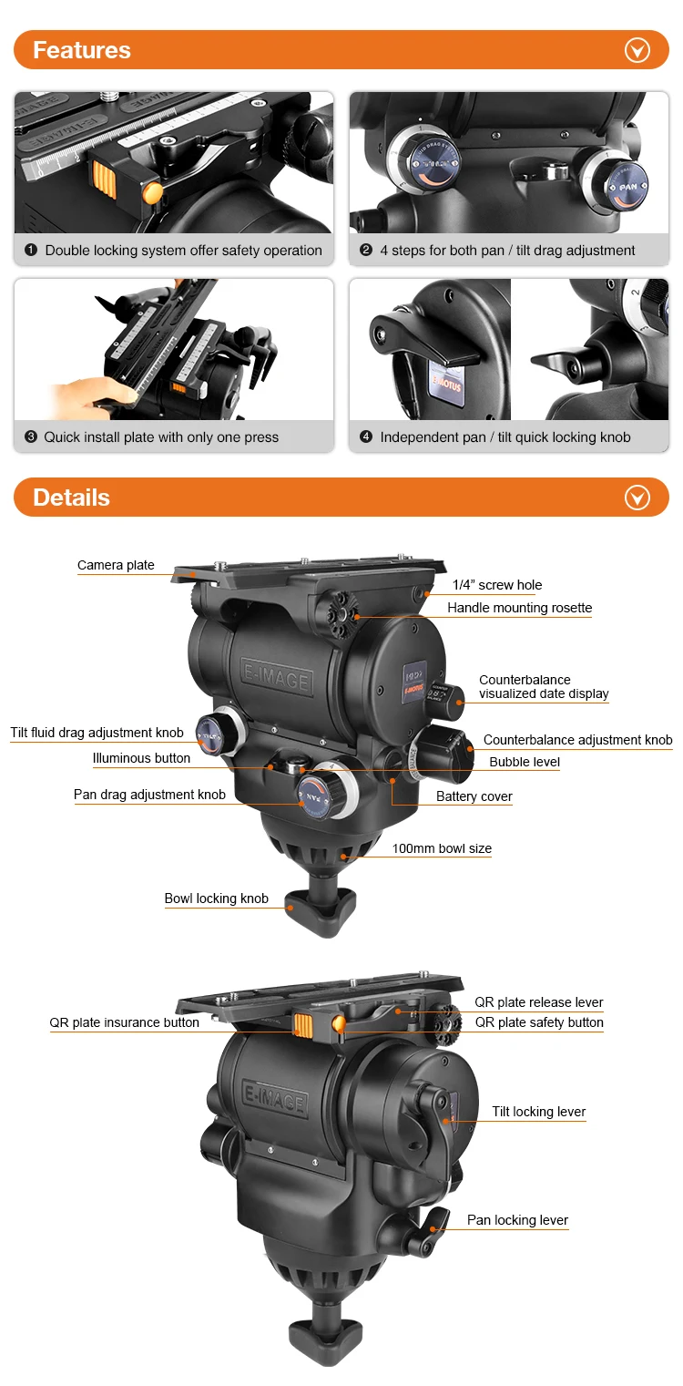E-IMAGE MH22 MH32 100mm Professional Heavy Duty Camcorder tripod Fluid Head 32kg