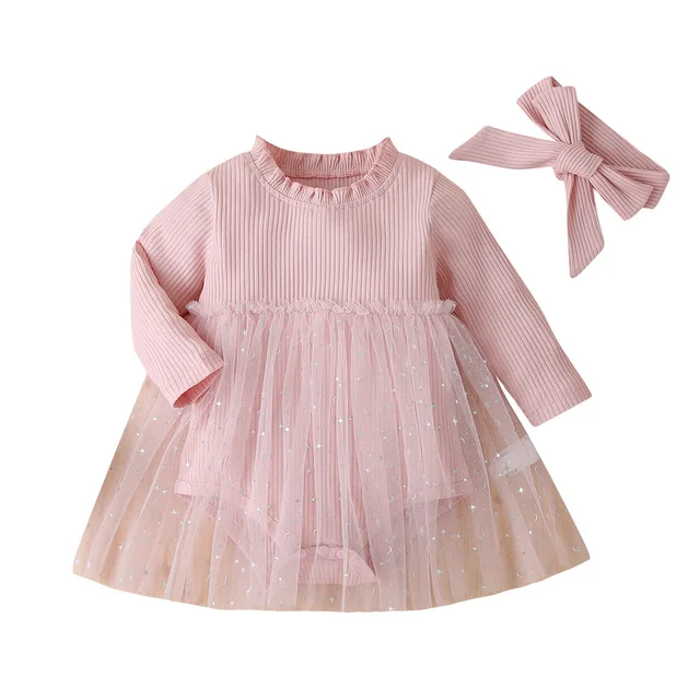 2024 spring new baby cute crawling clothes girls long sleeve pink patchwork mesh romper dress with hair accessories wholesale