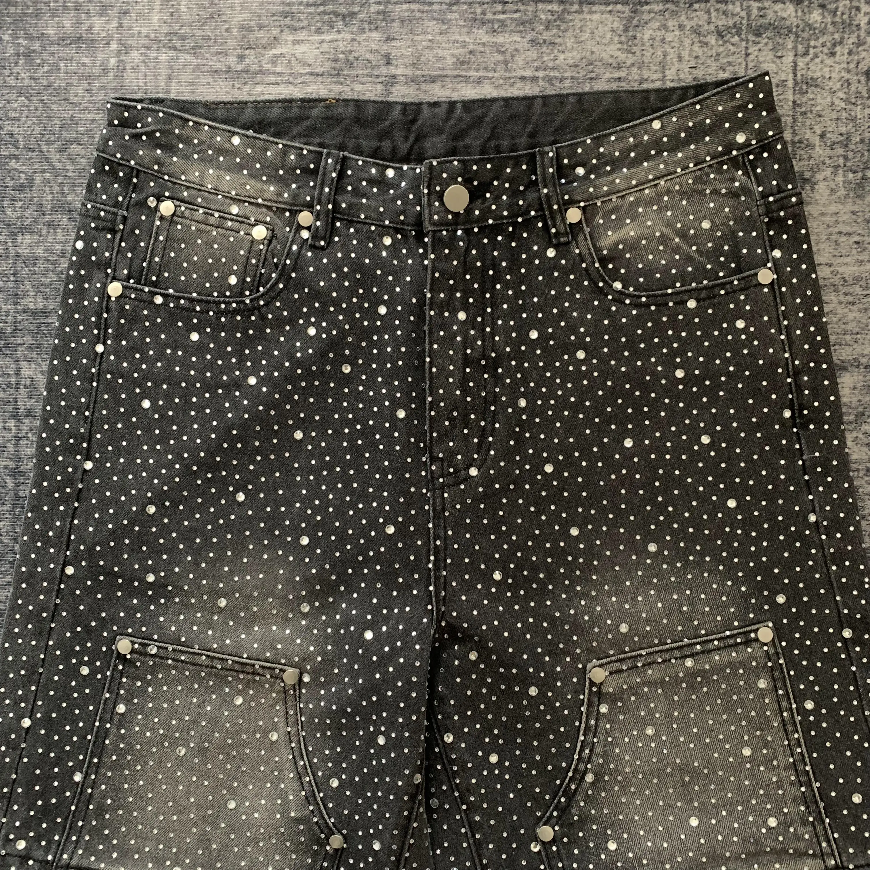 DARKFOG★Vintage washed rhinestone design jeans DF61 Shiny Rhinestone Baggy Women's Wide Leg Jeans Full Diamond