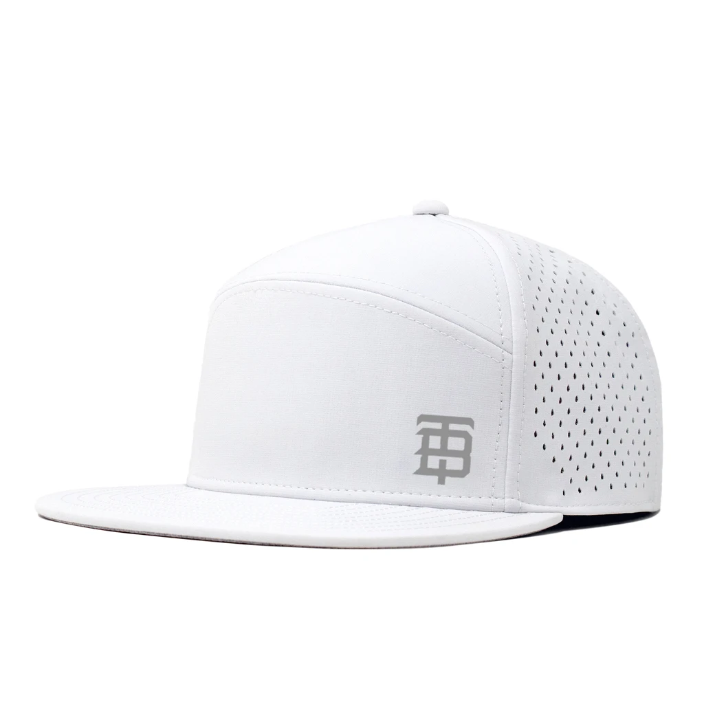 7 Panel Hat Snapback Laser Cut Perforated Snapback Cap With Rubber Patch Embroidery Logo High