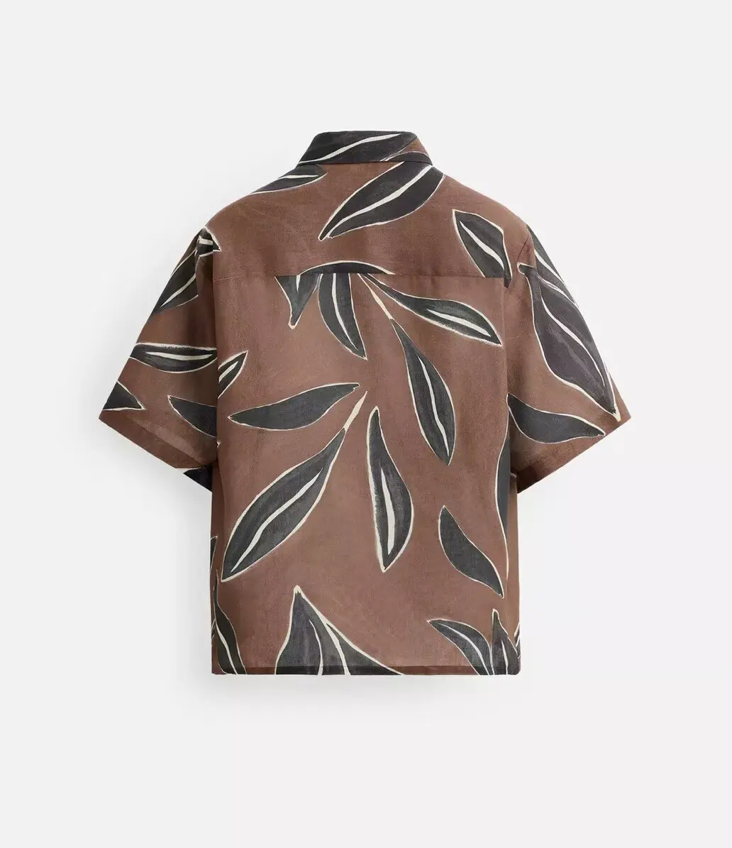 TAOP&ZA 2025 Spring New Men's Fashion All-match Brown Light Loose Leaf Print Short Sleeve Shirt Holiday Style 4409607