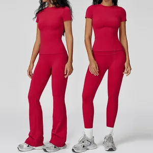 Custom Logo GYM Sport Wear Fitness Workout Women Tank Top T Shirt for Women Yoga Flares Pants Set Yoga Legging Girls