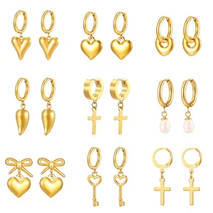 14k Stainless Steel Pendant Cross Earrings Cross/Anchor/Faith Hoop Earrings Suitable for Both Men and Women