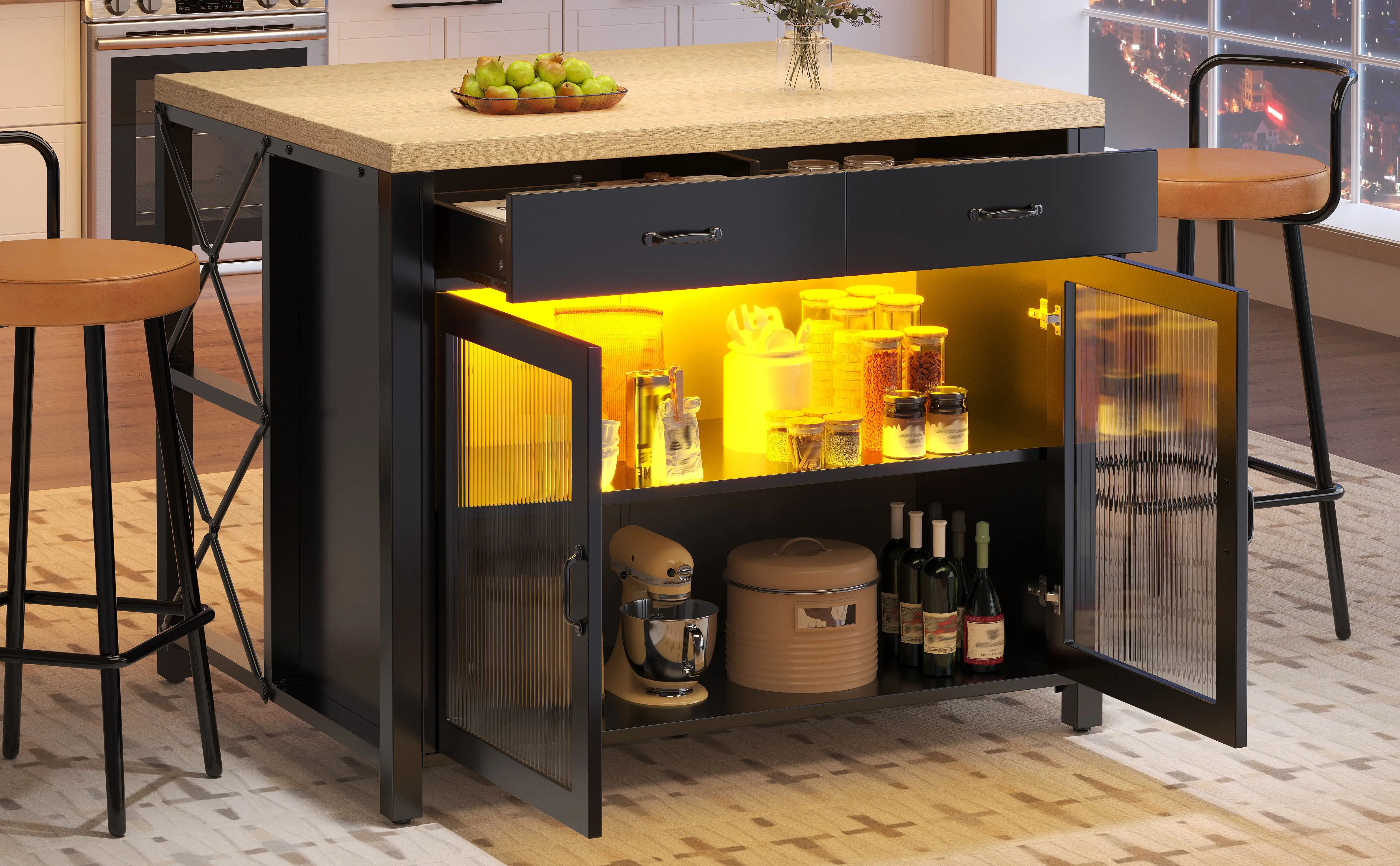 Îlot de cuisine design moderne avec porte vitrée
