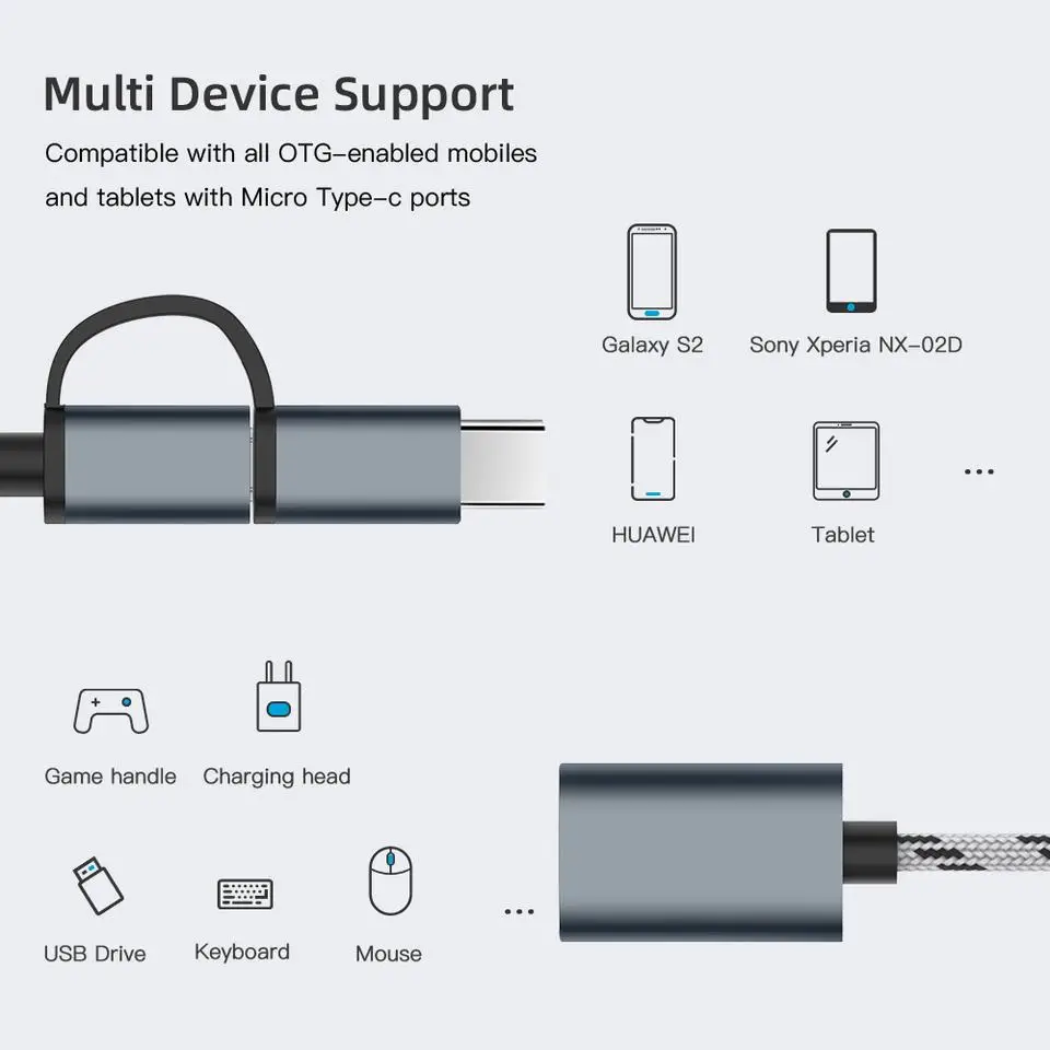 USB OTG Adapter Type C Micro USB to USB Converter Cable 2 in 1 Earphone & Android Cable Nylon for Printer Use