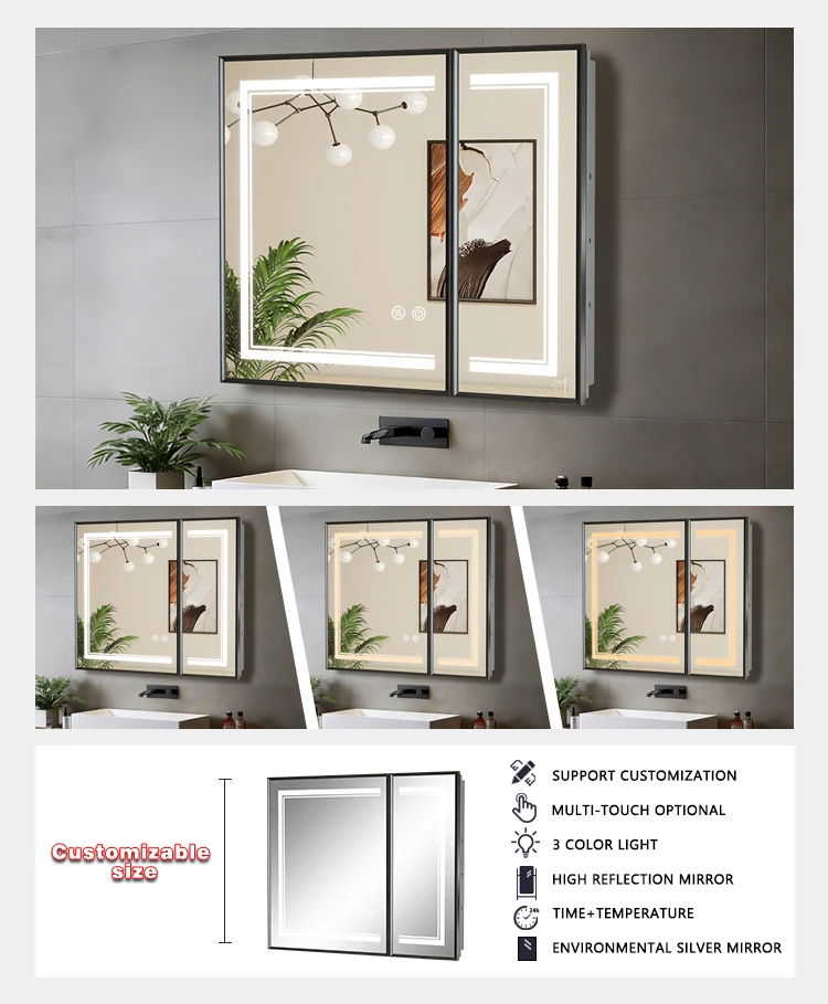 product modern style led bathroom mirror double doors three color lights defogger vanities bathroom medicine cabinet with mirror-4