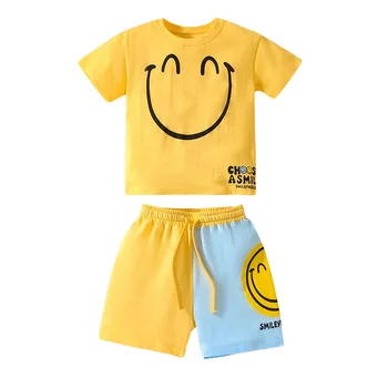 Boy's summer knitting suit 2pcs/set for Europe and the United States children's T-shirt short-sleeved color cotton