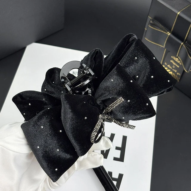 Velvet Black Bowknot Handmade Women Hair Clip High-end Large-sized Fabric Hair Claw New Glitter Elegant Princess Hair Accessory