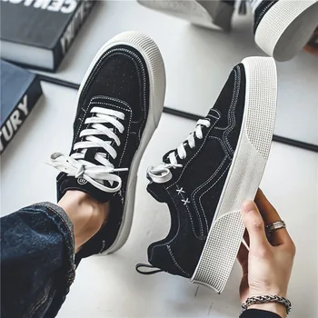New Summer Vintage Casual Sports Shoes for Men Versatile Low-Top Canvas Work Shoes with High Style Black with Mesh Lining