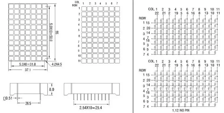 7x11 led matrix display module red square common anode view