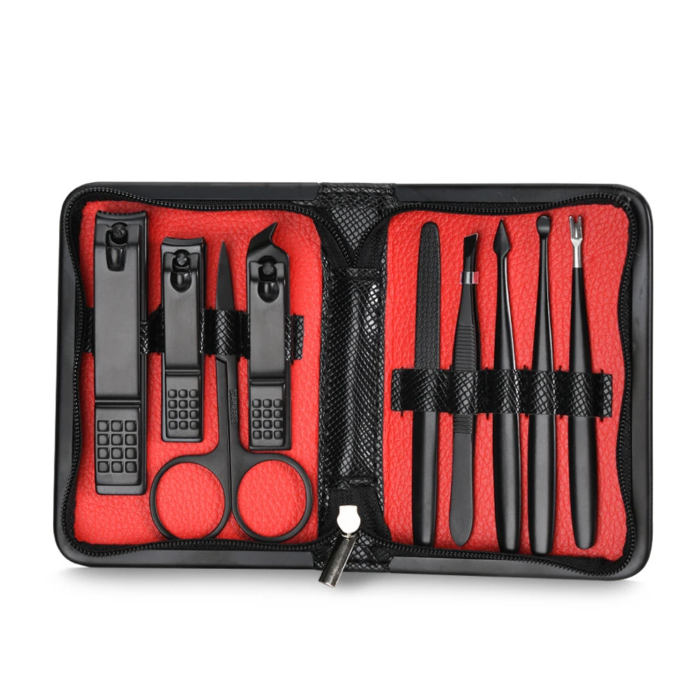 PU Bag Carbon Steel Stainless Steel Black Manicure Tool 9 Pieces Manicure Beauty Set
